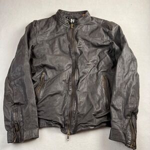 BOMBOOGIE Mens Lamb Leather Cafe Racer Jacket Dark Brown XS Camo Lining Zip Moto